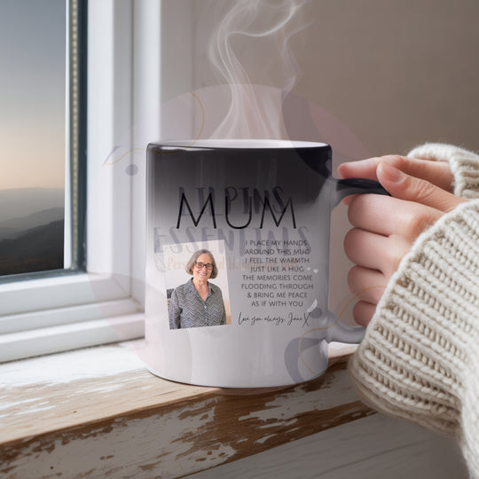 Heat-changing memorial mug for Mum revealing personalised photo design