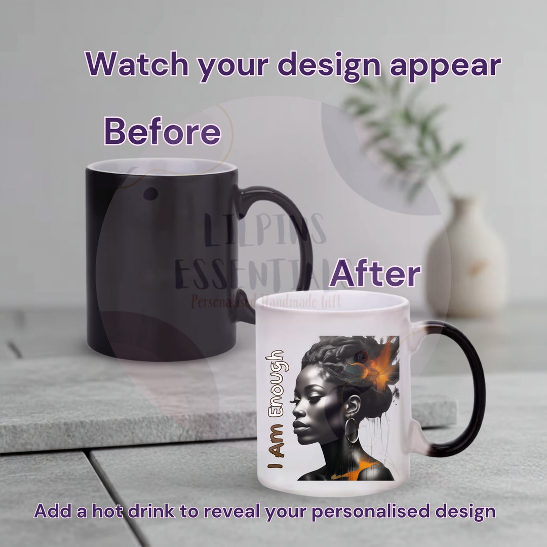 Heat-changing personalised photo mug shown before and after adding a hot drink