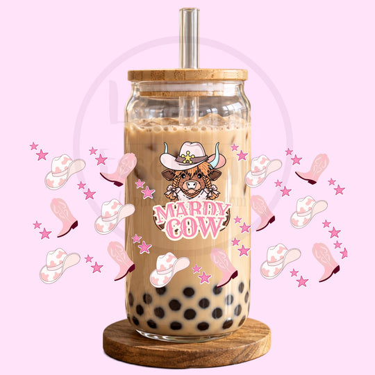 Pink Highland cow western glass tumbler filled with iced coffee