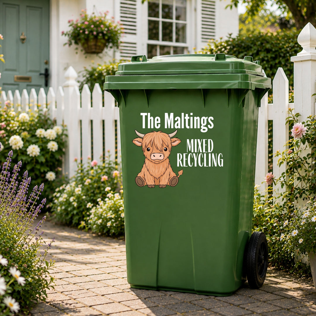 Highland Cow personalised wheelie bin sticker
