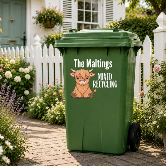 Highland Cow personalised wheelie bin sticker