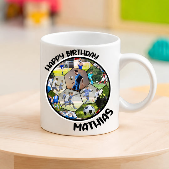 Personalised kids football photo mug with football collage, name and birthday message