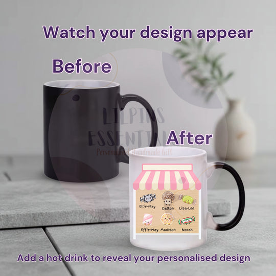 Little Sweeties mug shown in standard and heat-changing finishes