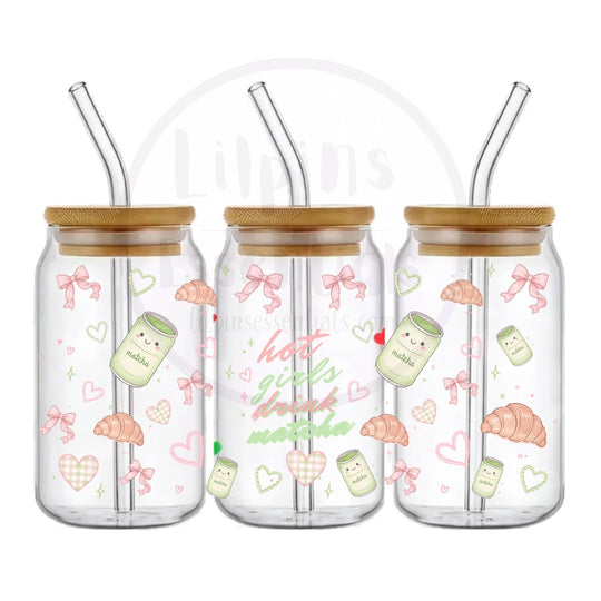 Matcha Girl 16oz glass tumbler with ready-made wraparound design