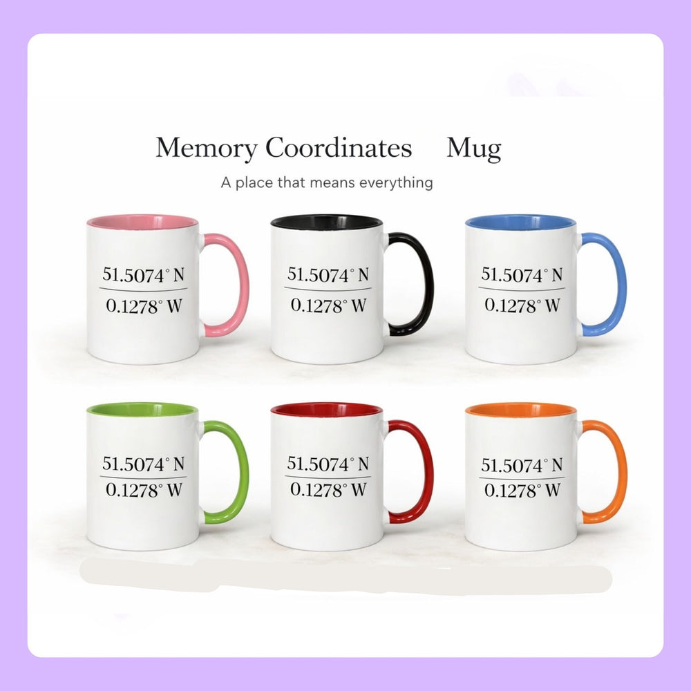 Set of six mugs with different color handles and coordinates on a white background.