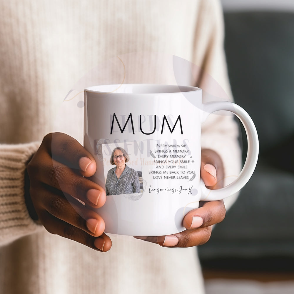 Person holding personalised Mum memorial mug with photo and verse