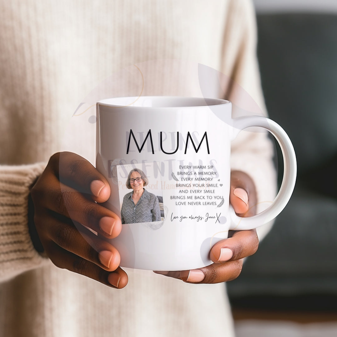 Person holding personalised Mum memorial mug with photo and verse