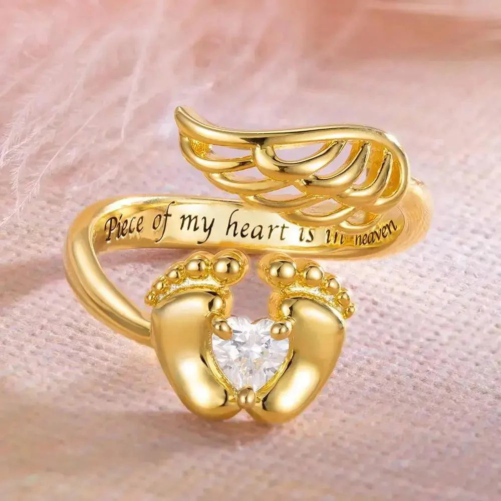 Personalised Sterling Silver Angel Wings Baby Feet Ring - LOX VAULT