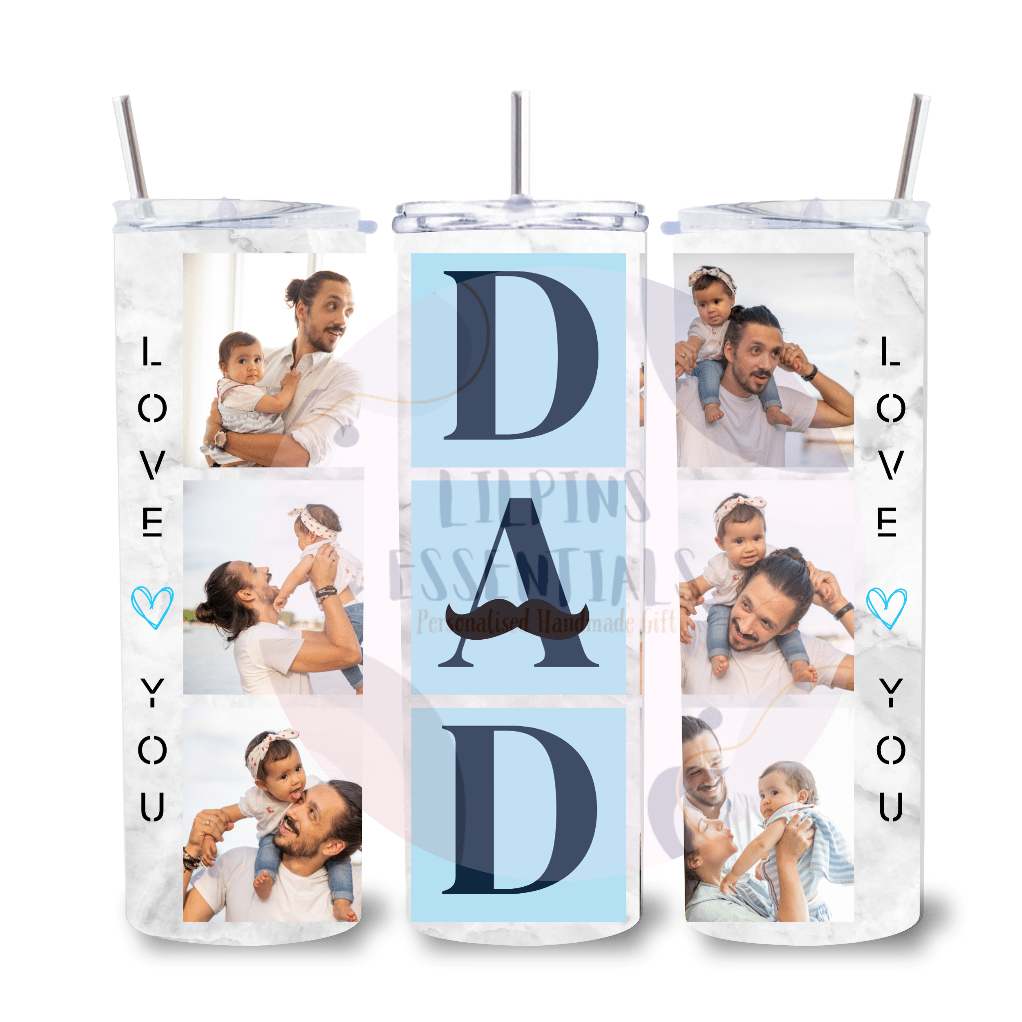 Personalised 6 photo dad tumbler with custom family photos and monogram design.