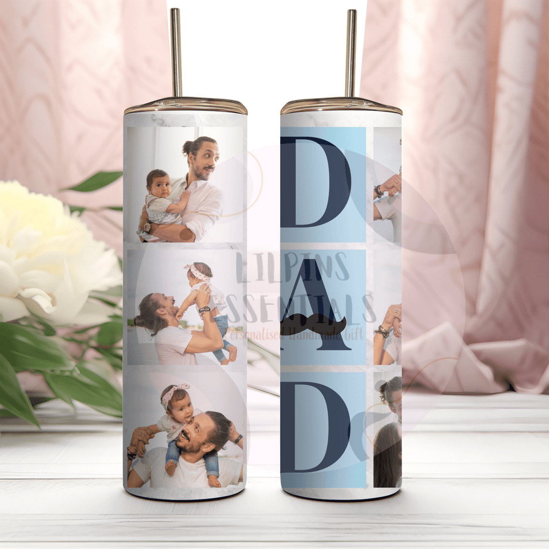 Personalised dad tumbler featuring six custom family photos.
