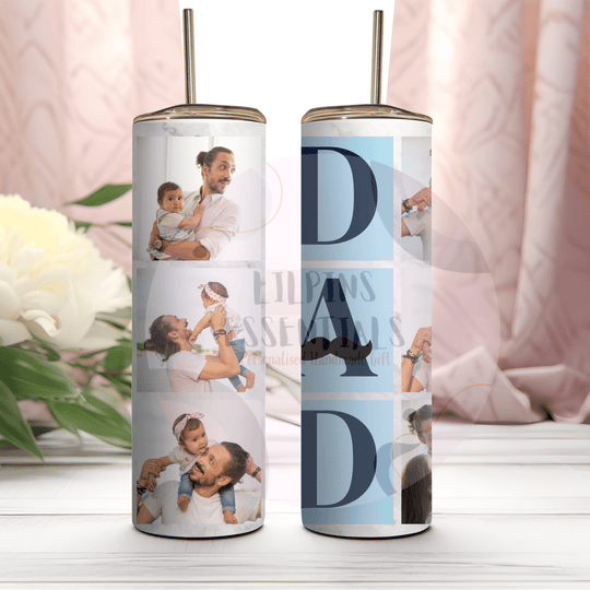 Personalised dad tumbler featuring six custom family photos.