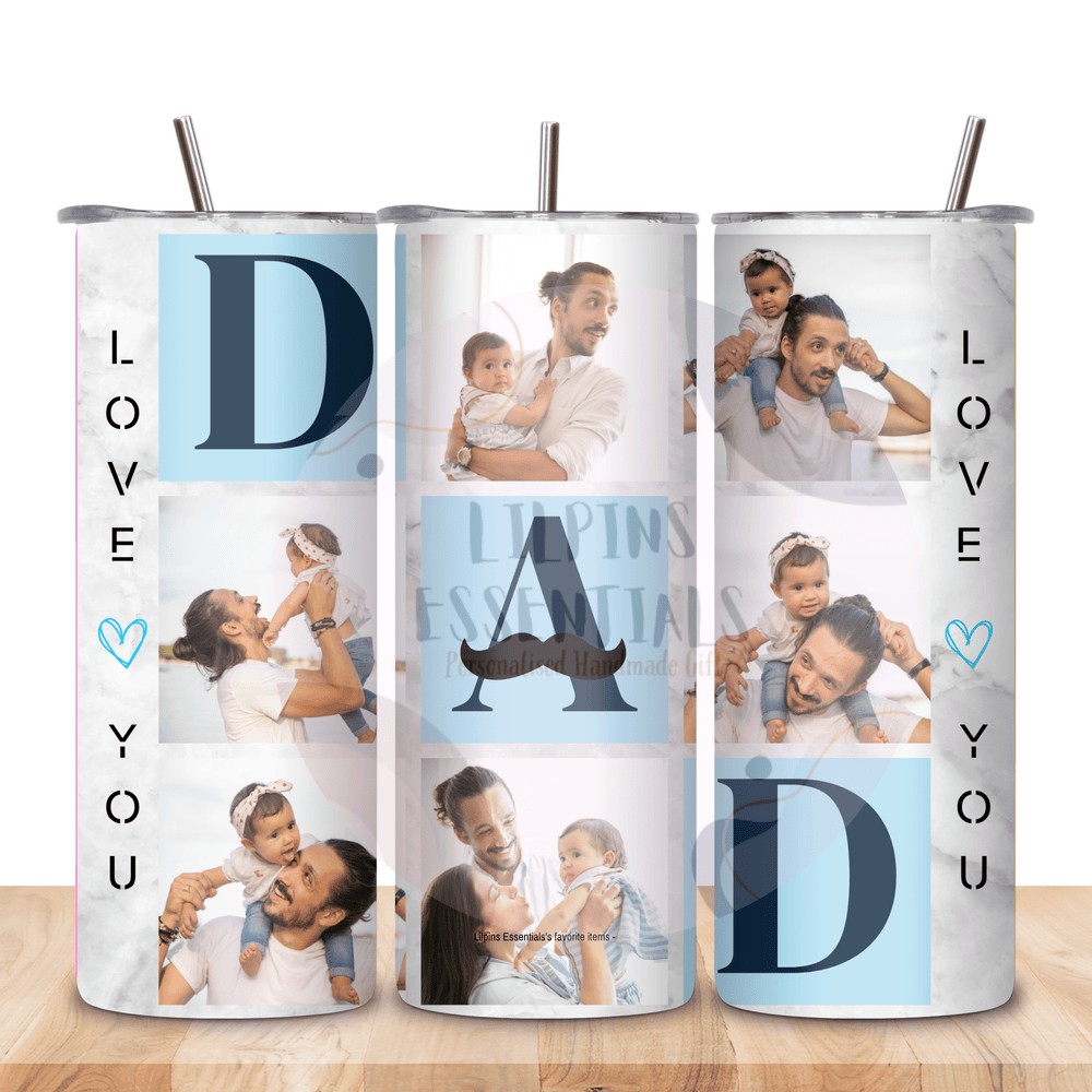 Custom Father's Day tumbler personalised with six family photographs.