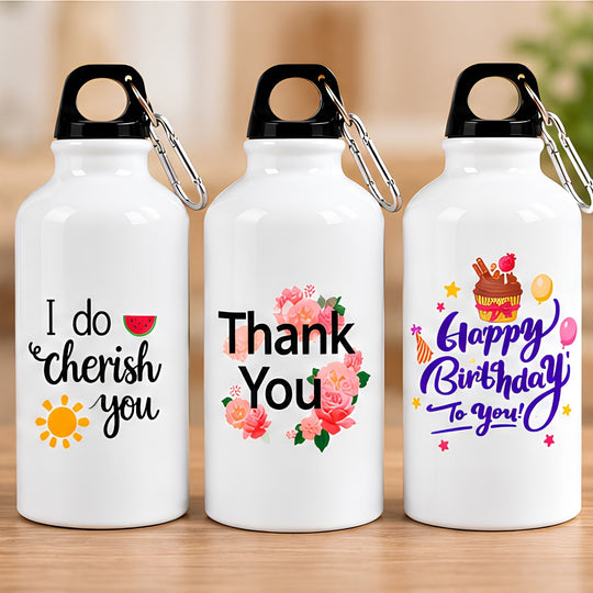 Personalised aluminium water bottles with thank you and birthday designs