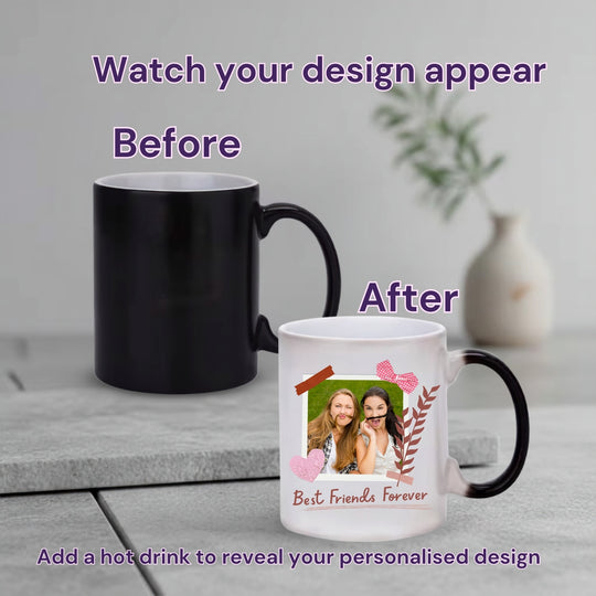 Heat changing best friend photo mug before and after adding a hot drink