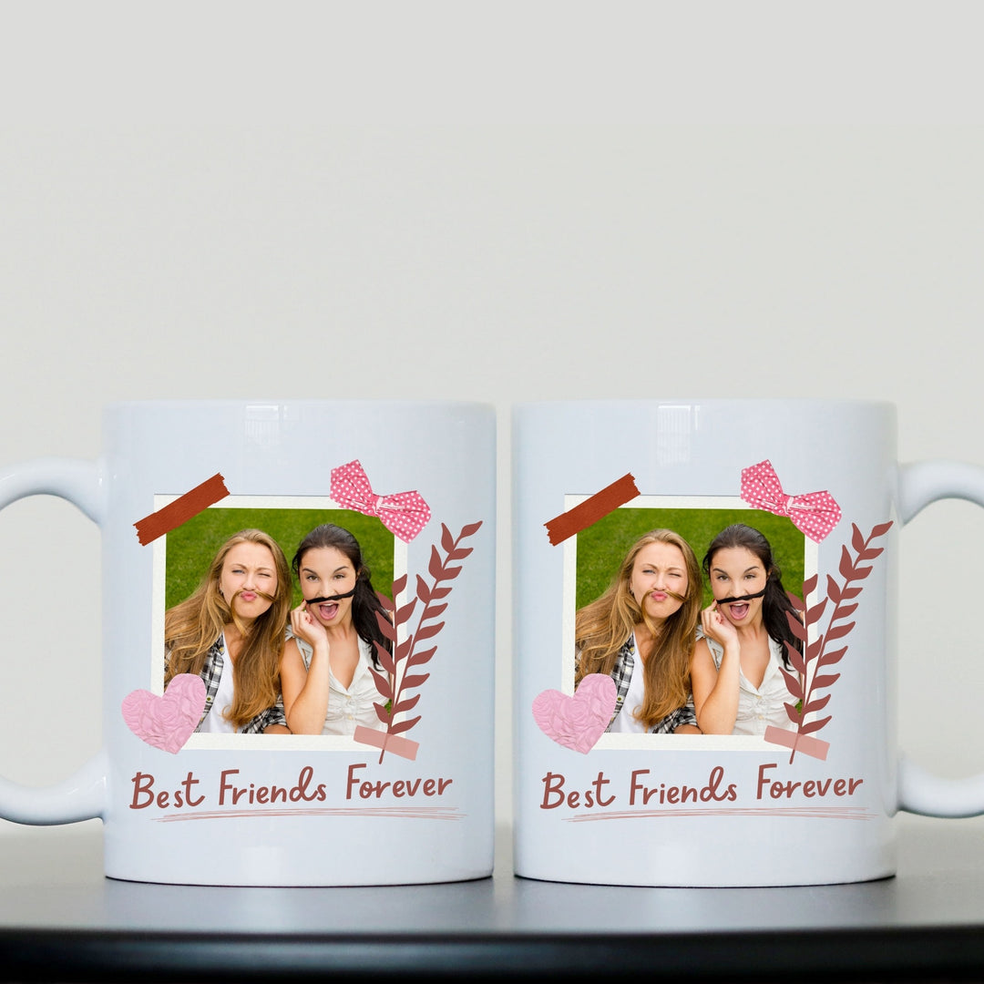 Two personalised Best Friends Forever photo mugs displayed together