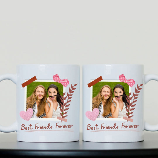 Two personalised Best Friends Forever photo mugs displayed together