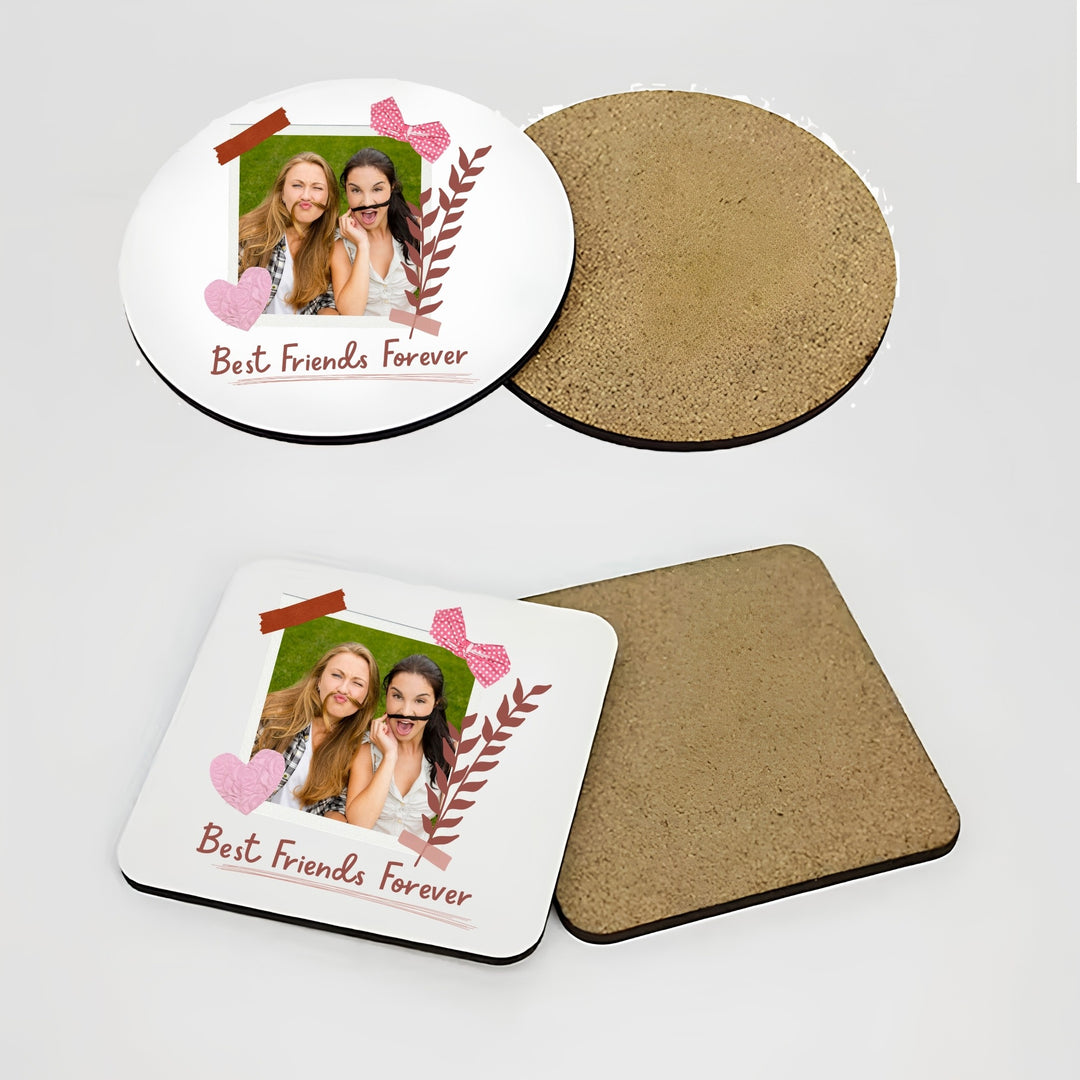 Personalised Best Friends Forever photo coasters in round and square shapes