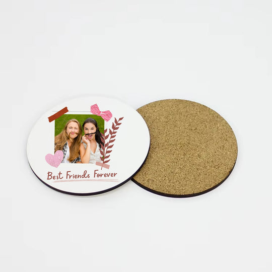 Round personalised best friend photo coaster with cork backing