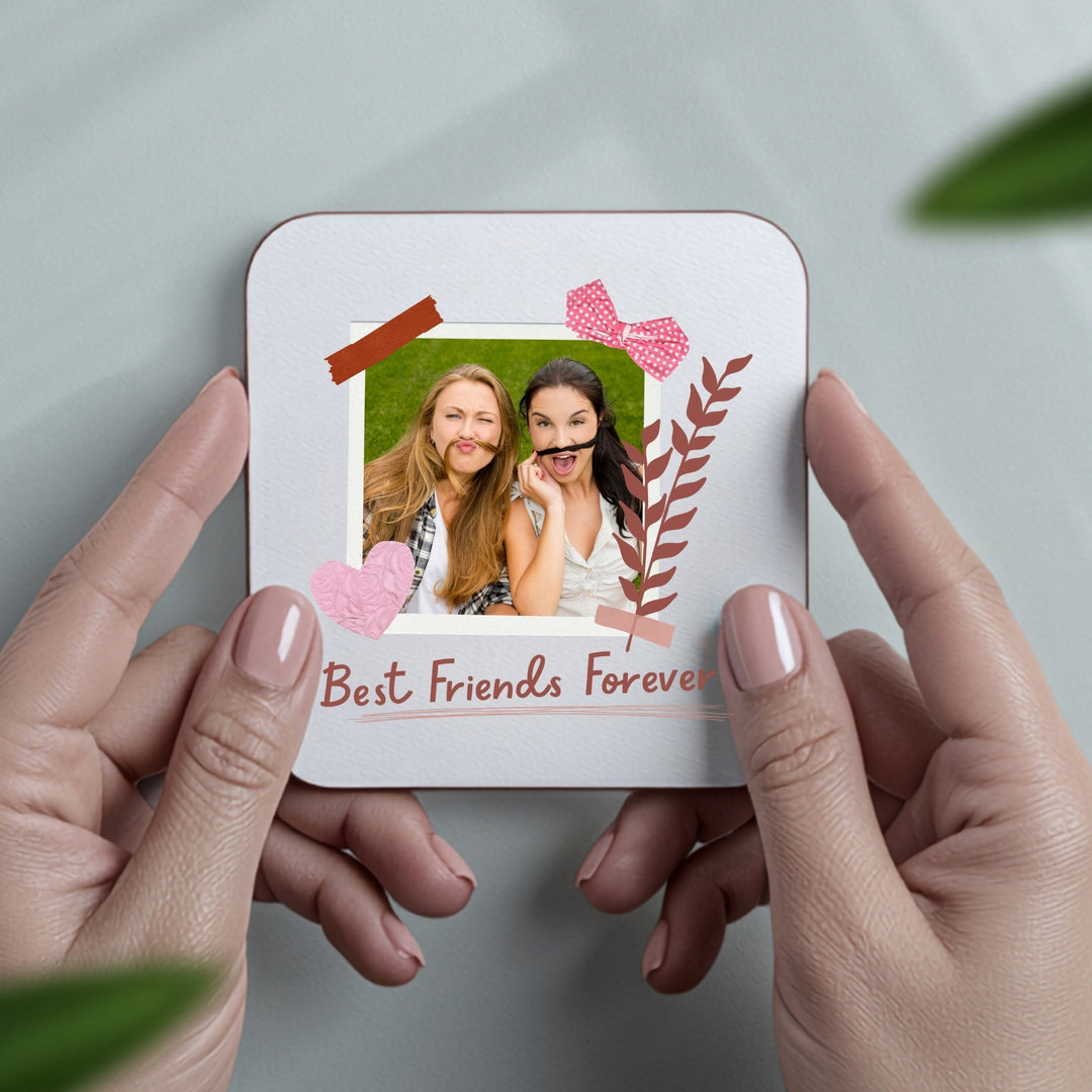 Square personalised Best Friends Forever photo coaster held in both hands