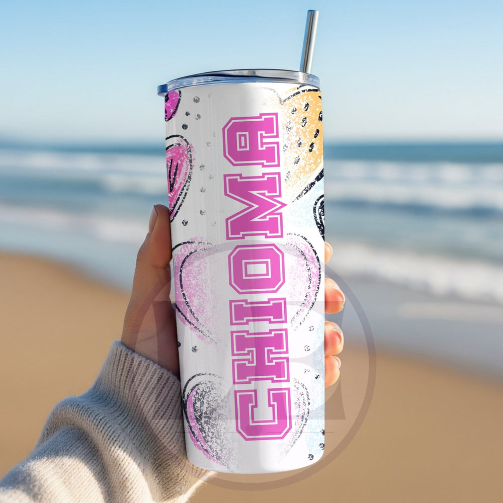 Personalised 20oz birthday photo tumbler with pink Happy Birthday design