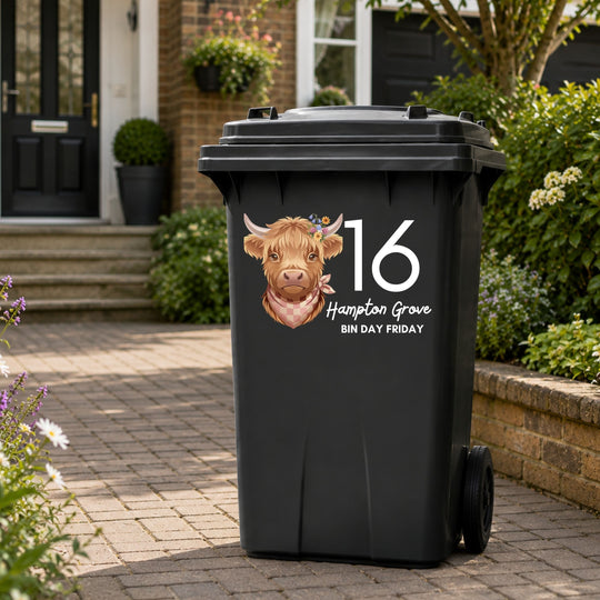 Personalised general waste bin sticker with highland cow design