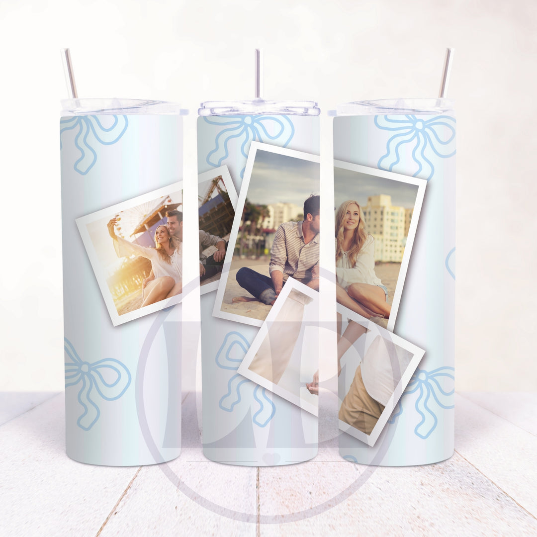Blue stripe and bow personalised 3 photo 20oz tumbler design