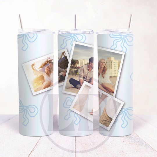 Blue stripe and bow personalised 3 photo 20oz tumbler design