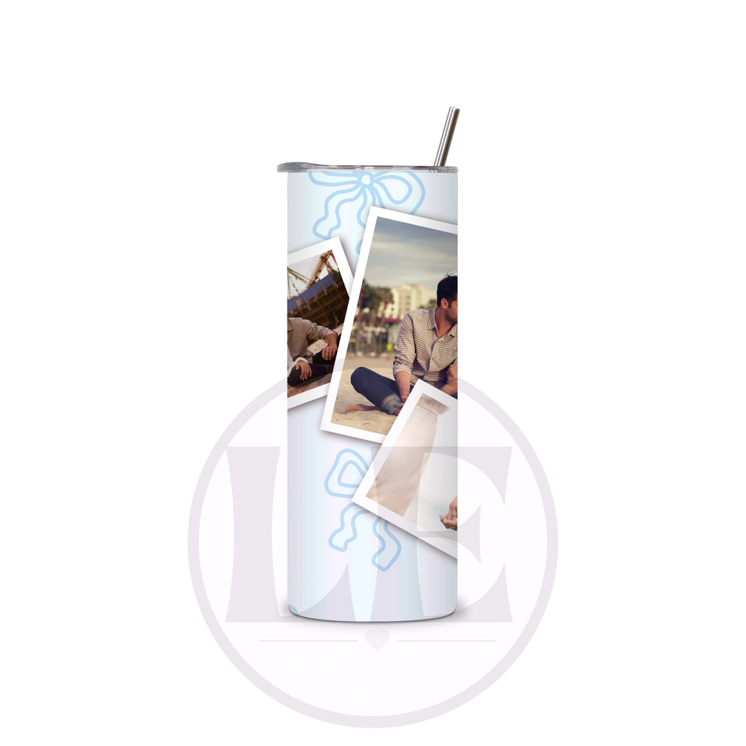 Personalised Blue Stripe and Bow photo tumbler design detail