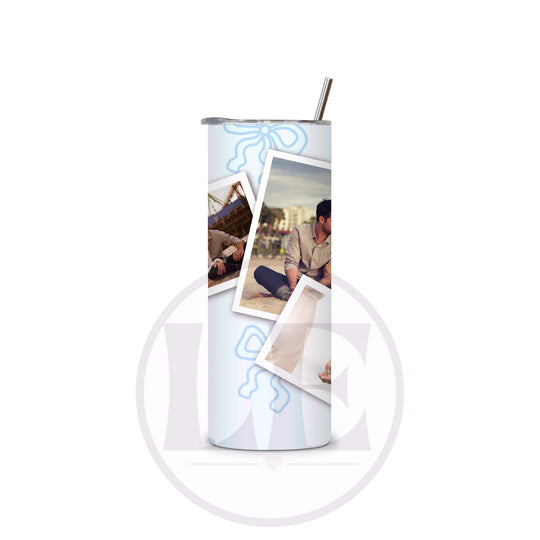 Personalised Blue Stripe and Bow photo tumbler design detail