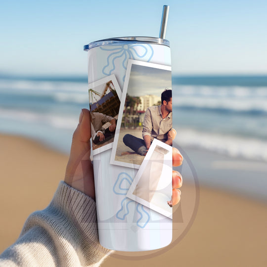 Personalised Blue Stripe and Bow 3 Photo 20oz Tumbler