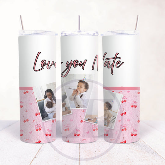 Cherry Bow 3 Photo 20oz Tumbler showing the personalised photo collage design