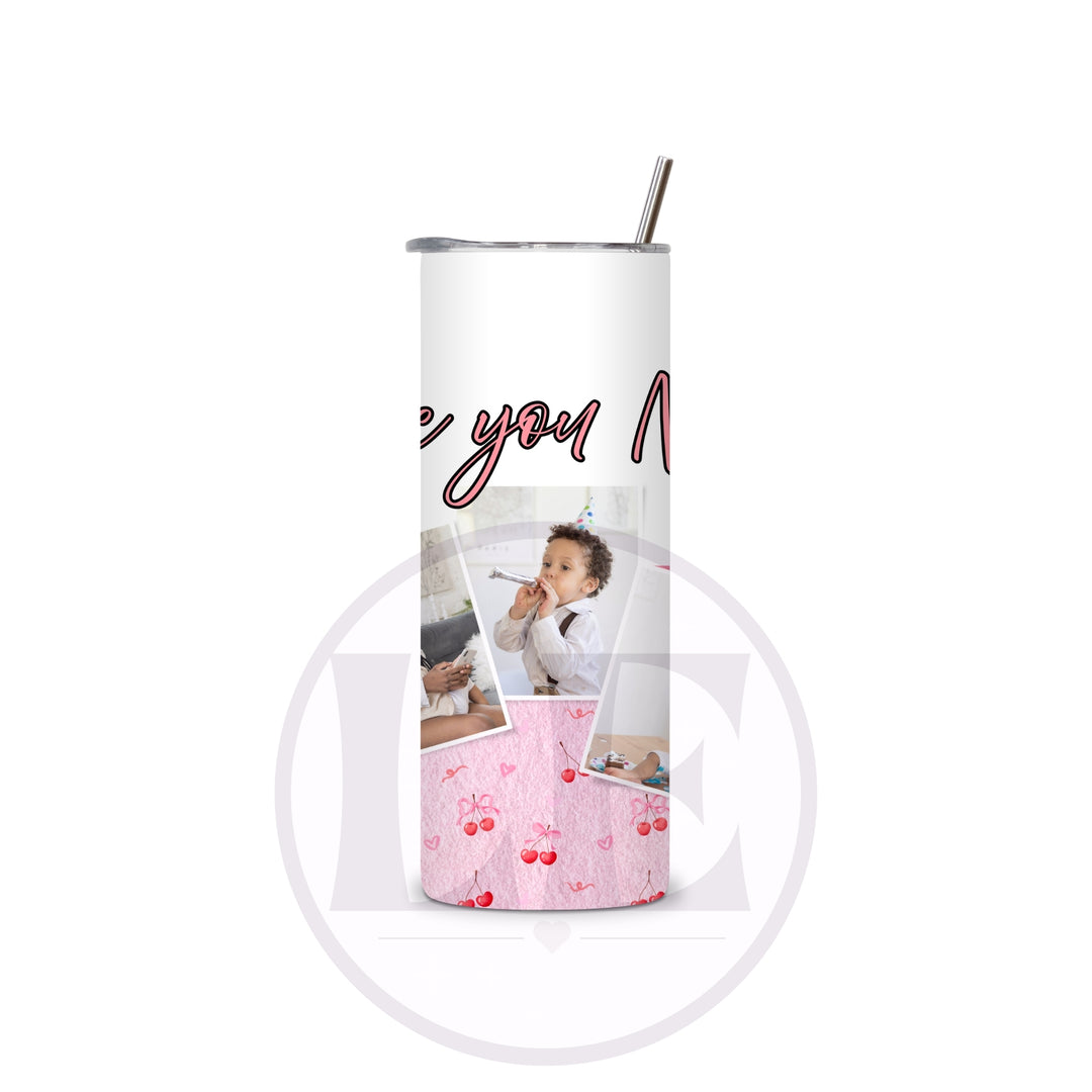 Personalised cherry bow photo tumbler showing custom wording and design detail