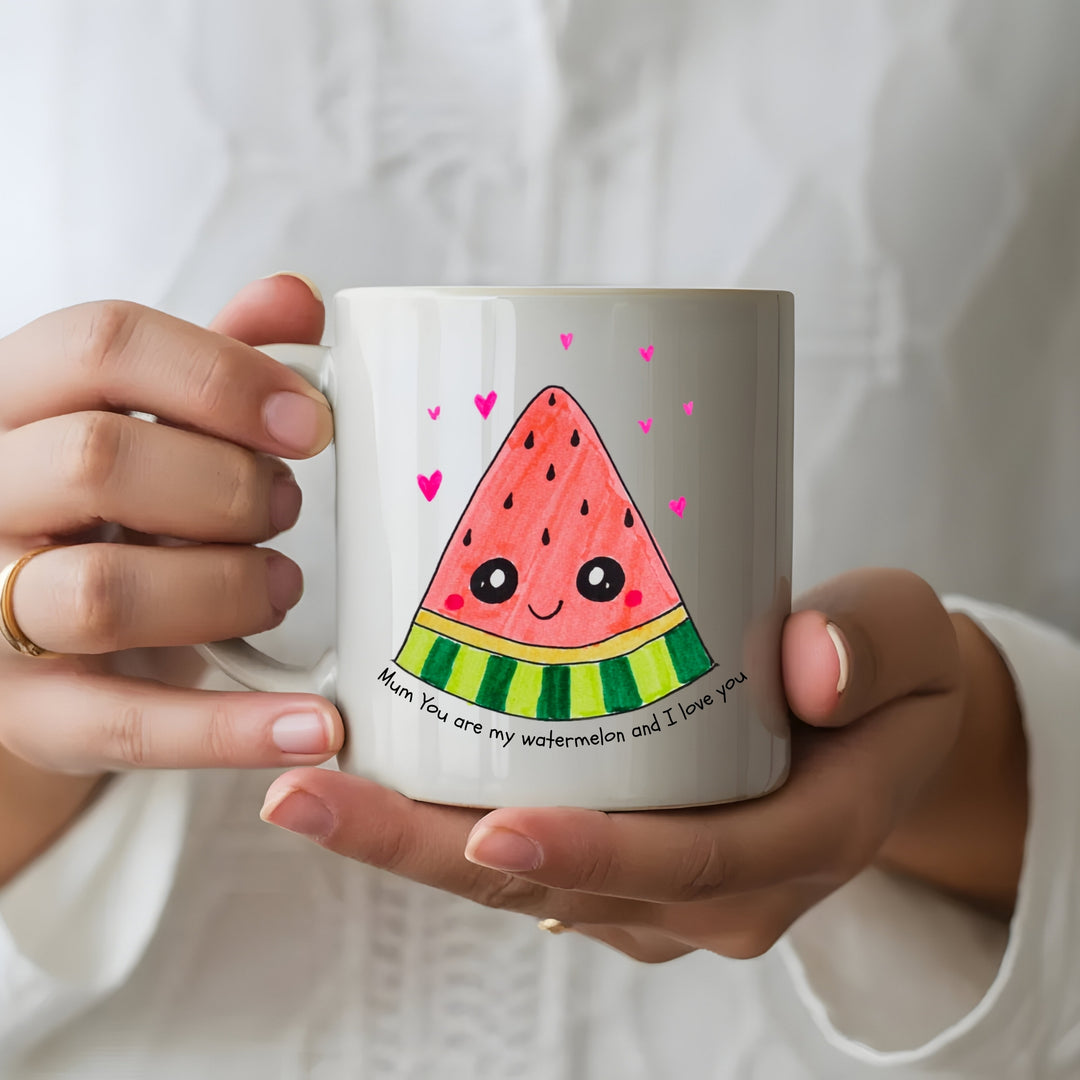 Personalised child drawing mug showing artwork printed on a ceramic mug