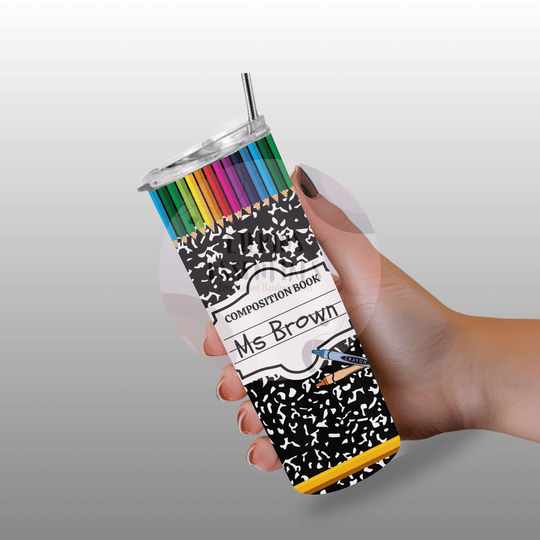Teacher appreciation tumbler with personalised notebook design