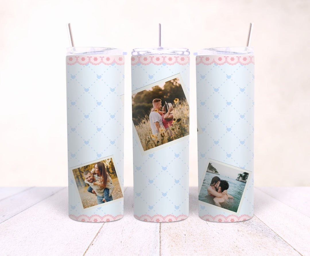 Personalised couples 3 photo 20oz tumbler with blue heart and pink lace design