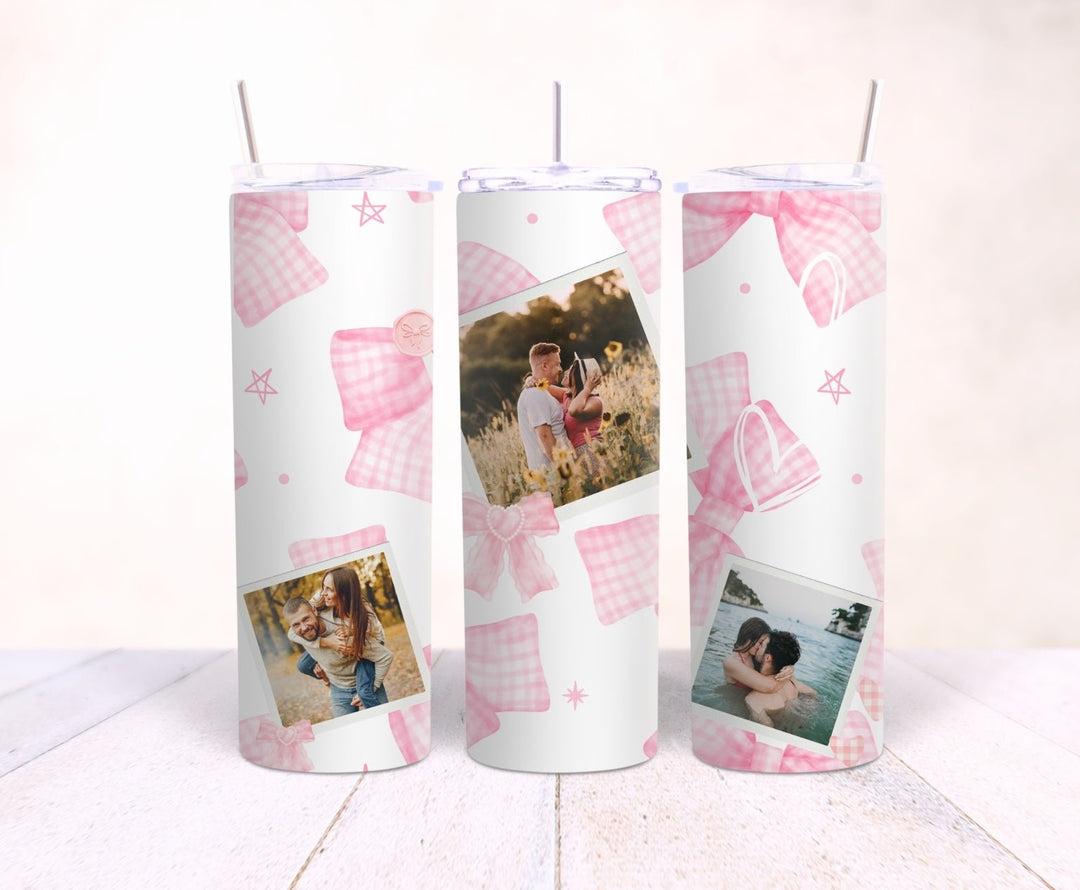 Personalised couples 3 photo 20oz tumbler with pink gingham bow design