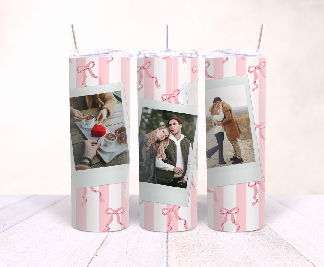 Personalised couples 3 photo 20oz tumbler with pink striped bow design