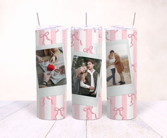 Personalised couples 3 photo 20oz tumbler with pink striped bow design