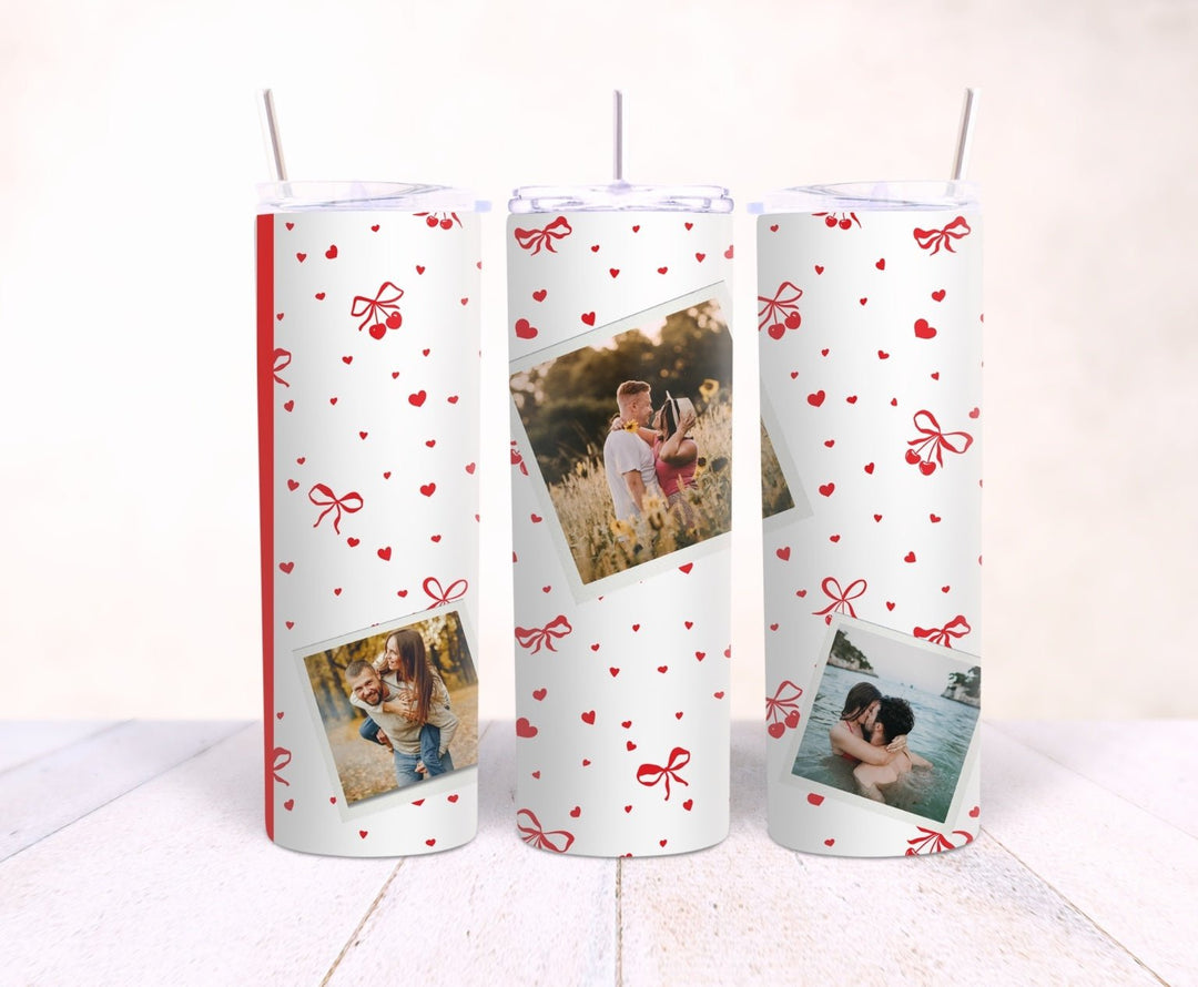 Personalised couples 3 photo 20oz tumbler with red hearts bows and cherries design