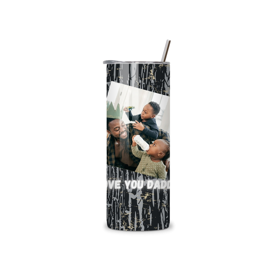 A tall, slim stainless steel tumbler with a custom photo print of a father and children, featuring a black and white dripping paint design and the text &
