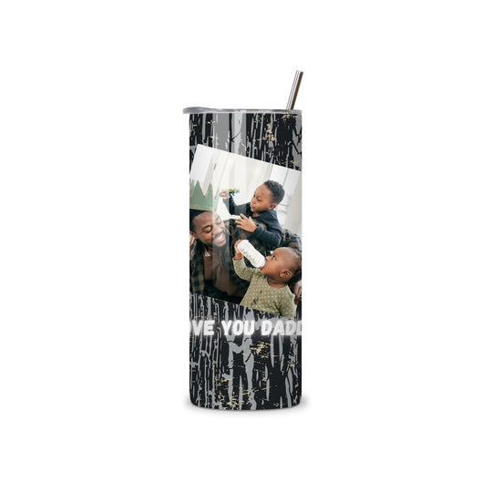 A tall, slim stainless steel tumbler with a custom photo print of a father and children, featuring a black and white dripping paint design and the text &