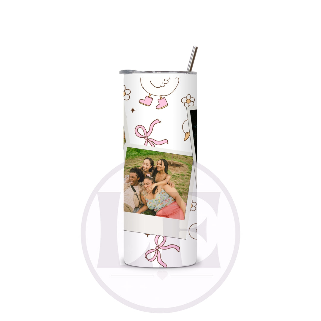 Duck and bow 3 photo tumbler showing personalised family photo details
