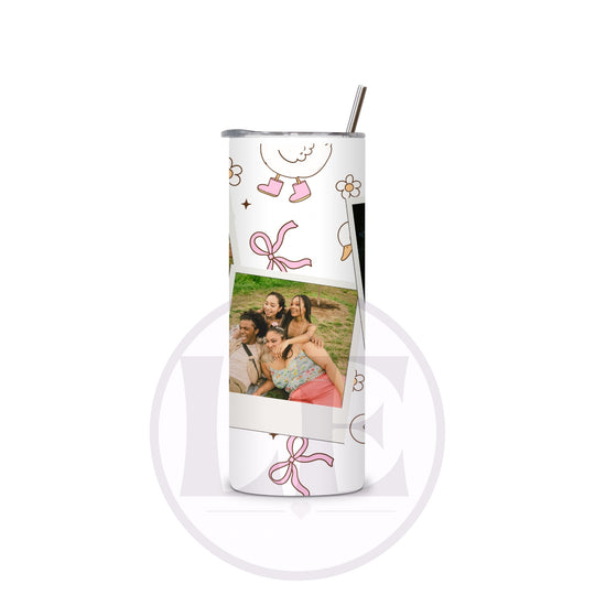 Duck and bow 3 photo tumbler showing personalised family photo details