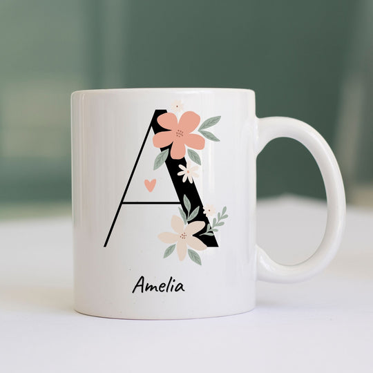Personalised floral initial mug with Amelia name and A monogram