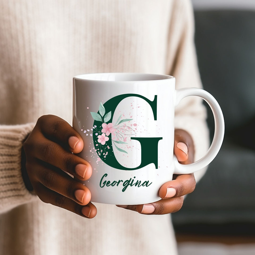 Personalised floral initial mug with custom name, close-up product view