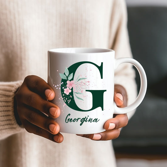 Personalised floral initial mug with custom name, close-up product view