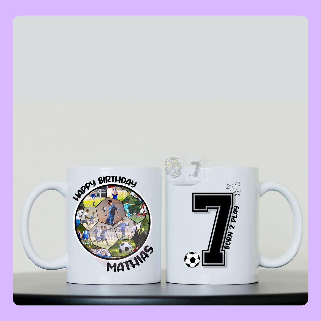 kids football birthday mug with name and age personalised