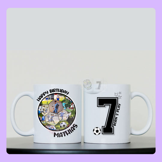 kids football birthday mug with name and age personalised