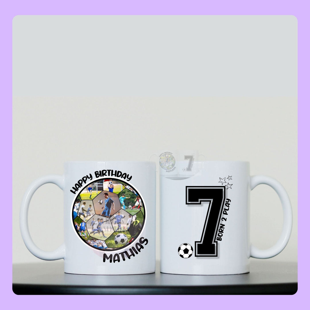 kids football birthday mug with name and age personalised