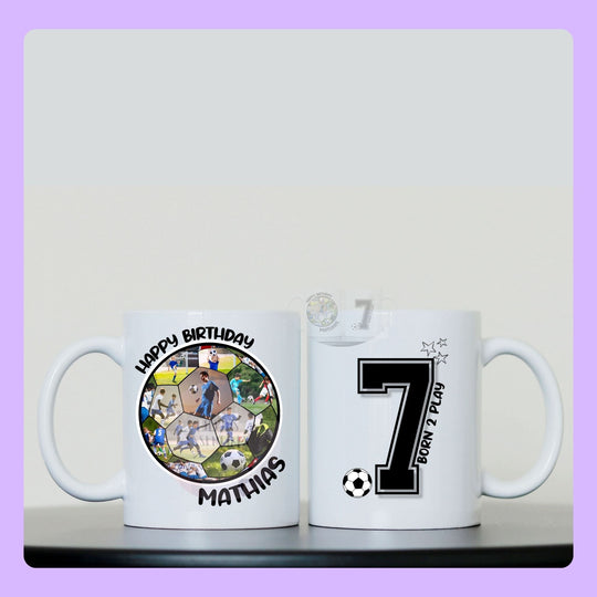 kids football birthday mug with name and age personalised